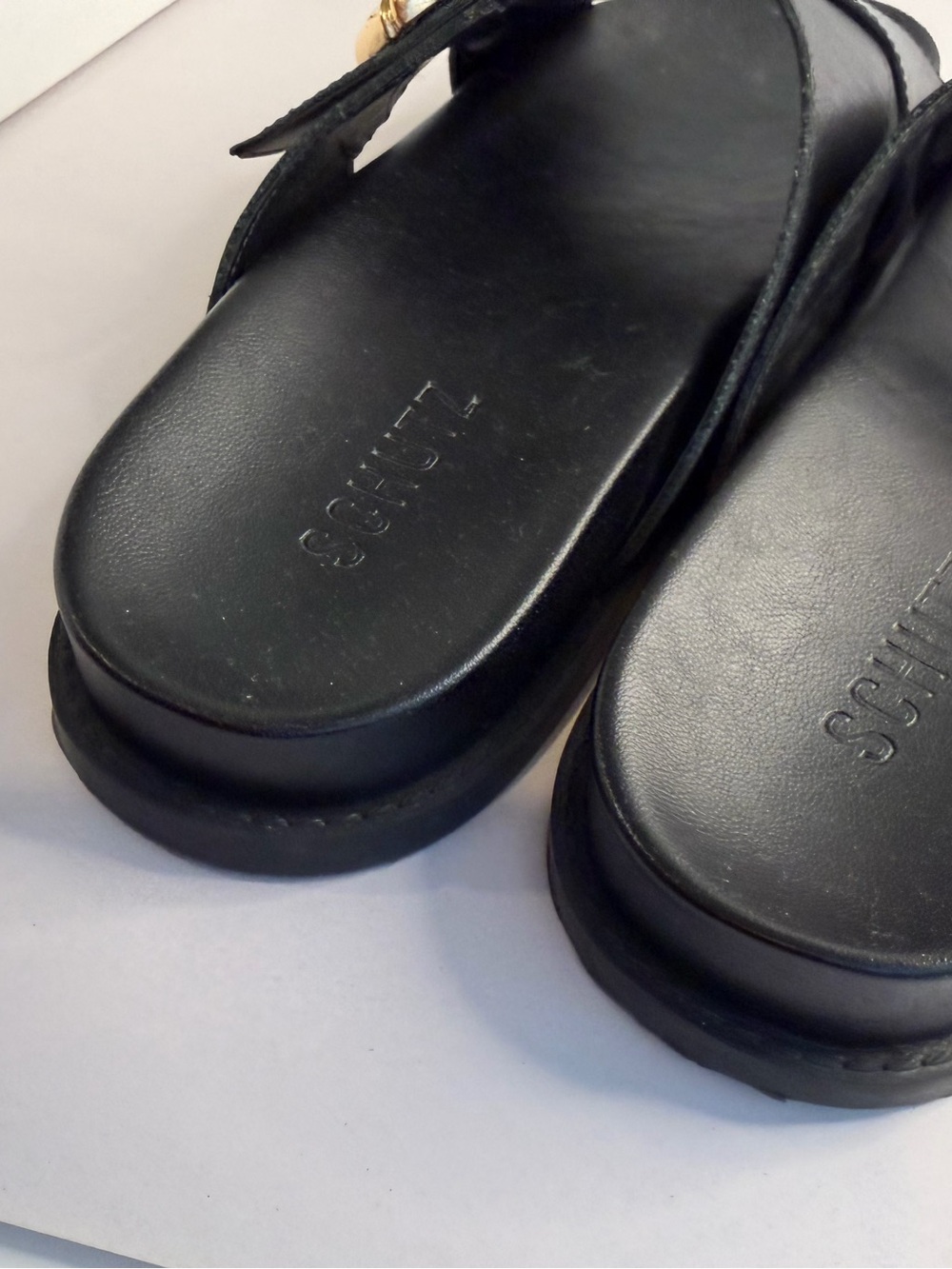 Schutz Ebola Black Leather Slide Sandals with Gold Bamboo Buckle size 8 - Picture 8 of 12